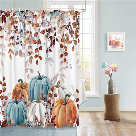 Thanksgiving Shower Curtain, Watercolor Pumpkins & Eucalyptus, 72x72 in w/ Hooks - Picture 2 of 7